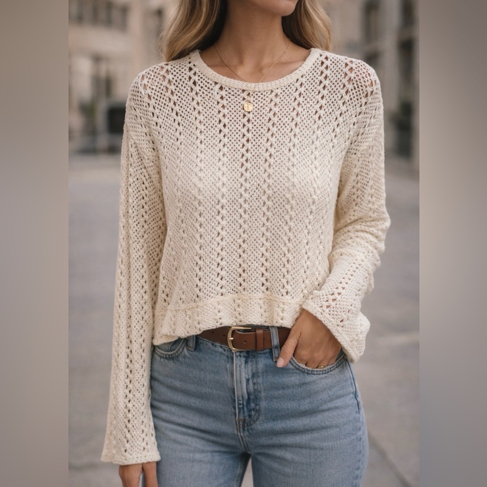 Zara Cream Open Knit Crochet Sweater | Cropped Boho Pullover - S